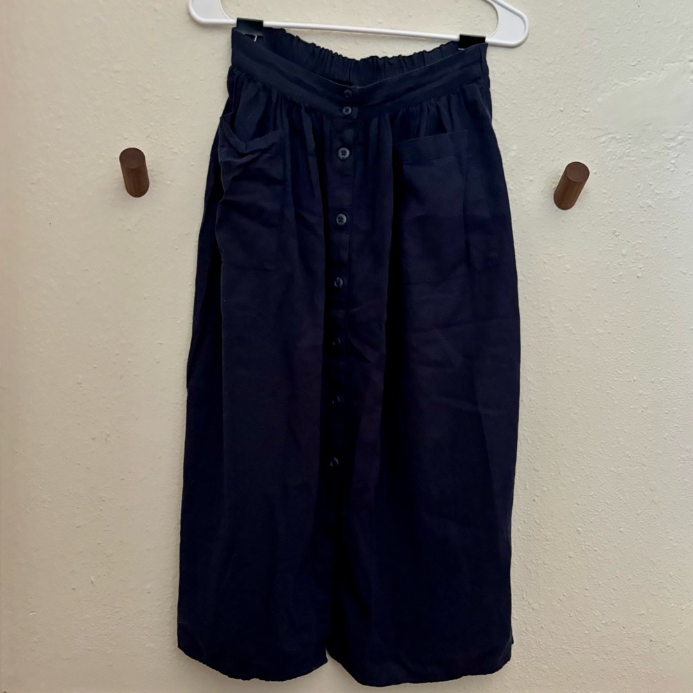 Lucky Brand Navy Blue Button-Down Midi Skirt with Pockets Small EUC